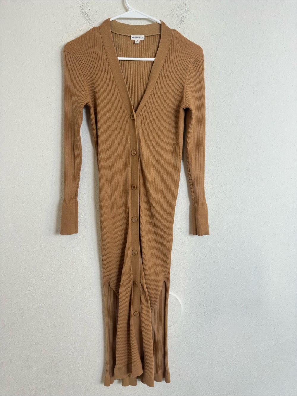 Minnie Rose Ribbed Button-Front Long long Camel cardigan